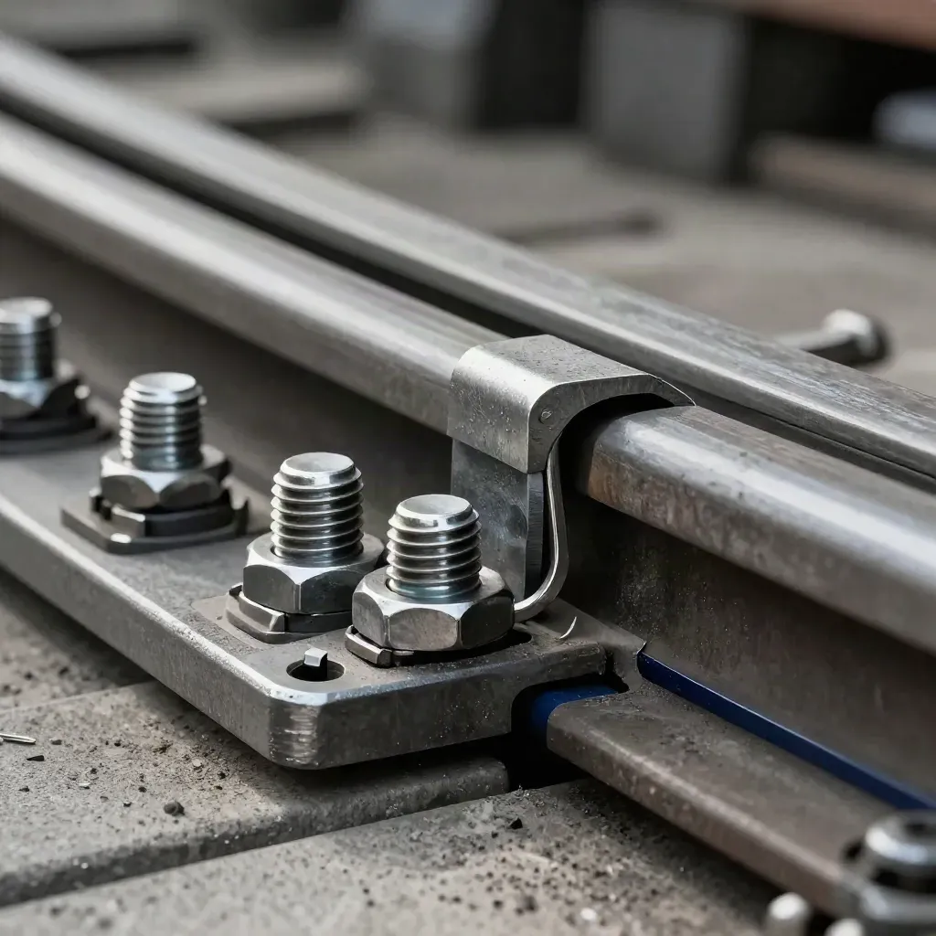 Macro of rail fasteners and a coupling plate locking in a brushed metal tray, lit with hard rim light.