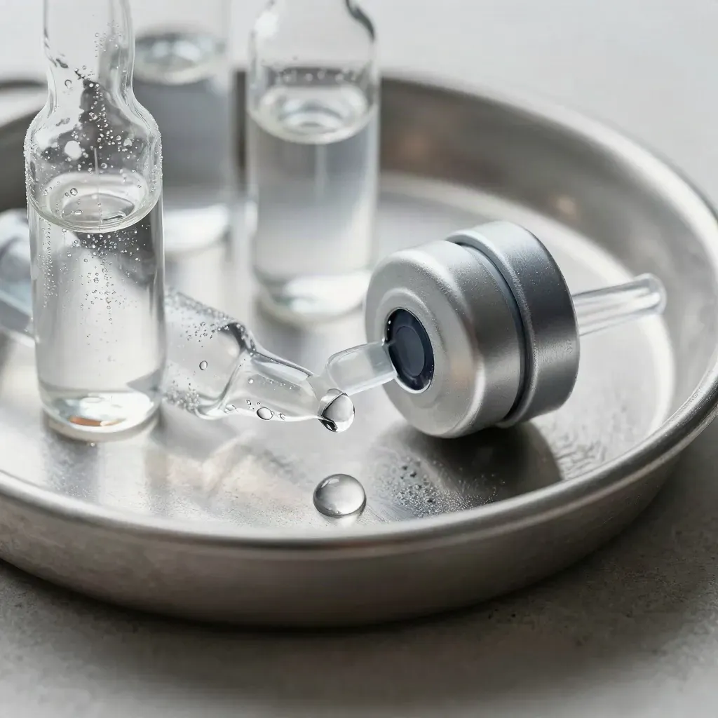 Condensed glass vials, an ampoule cap and a chilled stainless dish on pale stone