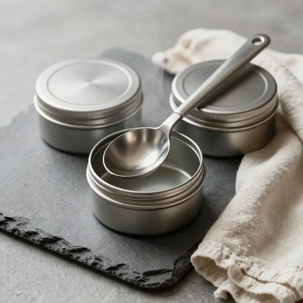 Top-down food-industry still life with scoop, sample tins and linen on stone.