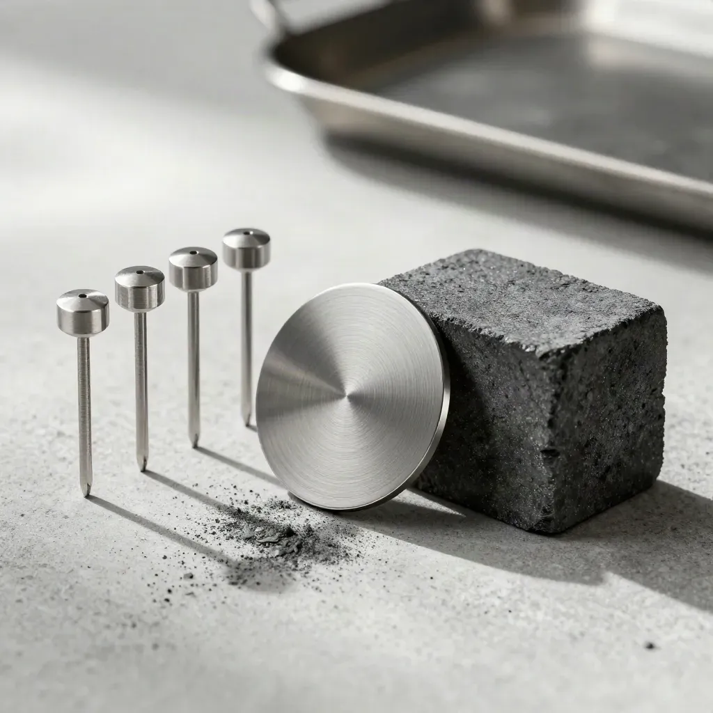 Aluminium pins, a steel disc and graphite block on concrete in soft editorial light.