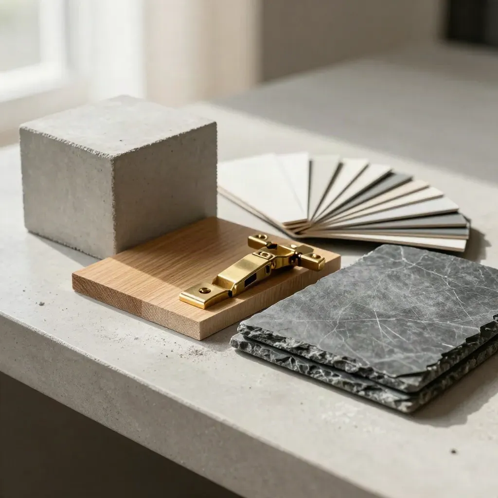 Architectural samples of concrete, oak, brass and slate on a chalky workbench.