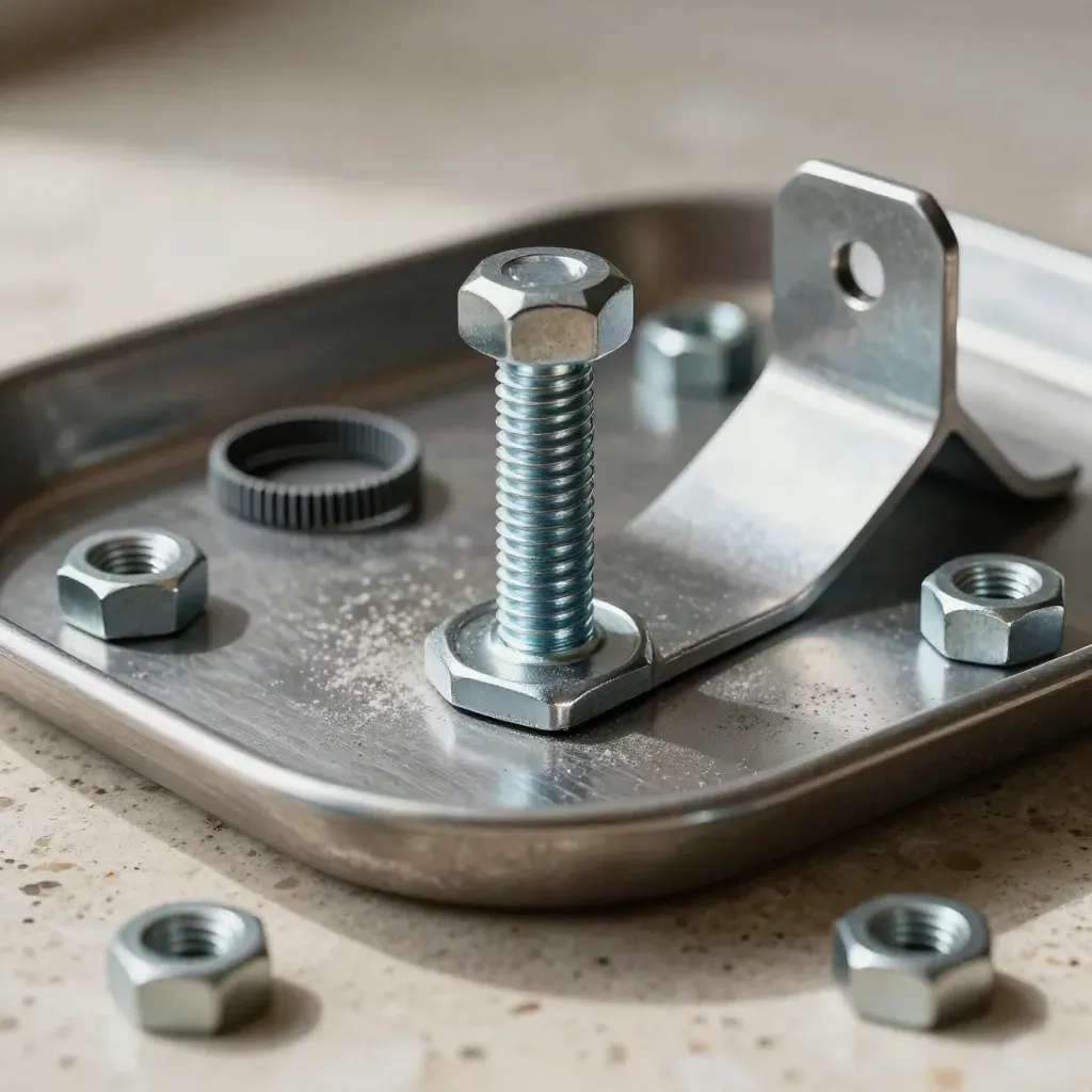 Steel tray with bolt, bracket, washers and cable tie on pale stone.