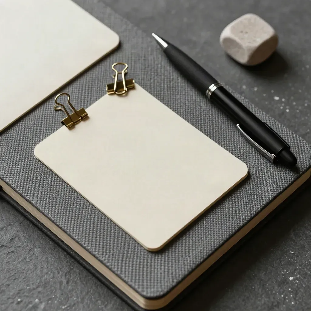 Graphite workshop notebook, cards, brass clips, black pen and stone cube on stone surface