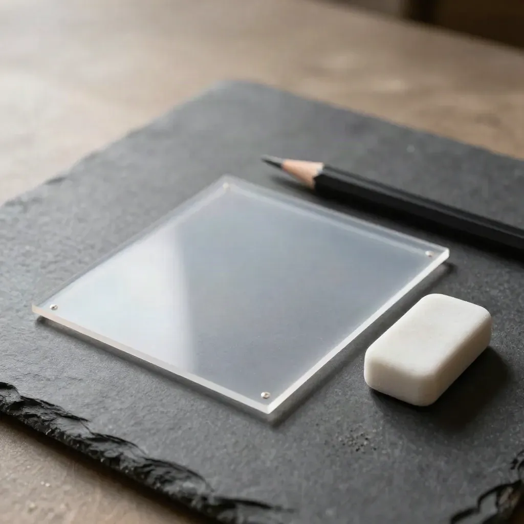 Acetate layout sheets, drafting square, pencil stub and eraser on a slate workbench