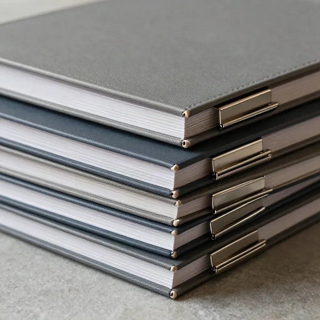 Three matte KPI report binders with steel clips, stacked tightly in soft studio light.