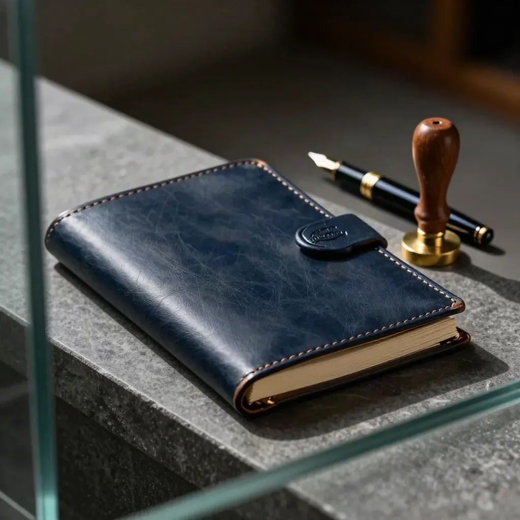 Navy leather ledger with brass paperweight, fountain pen and seal stamp behind glass