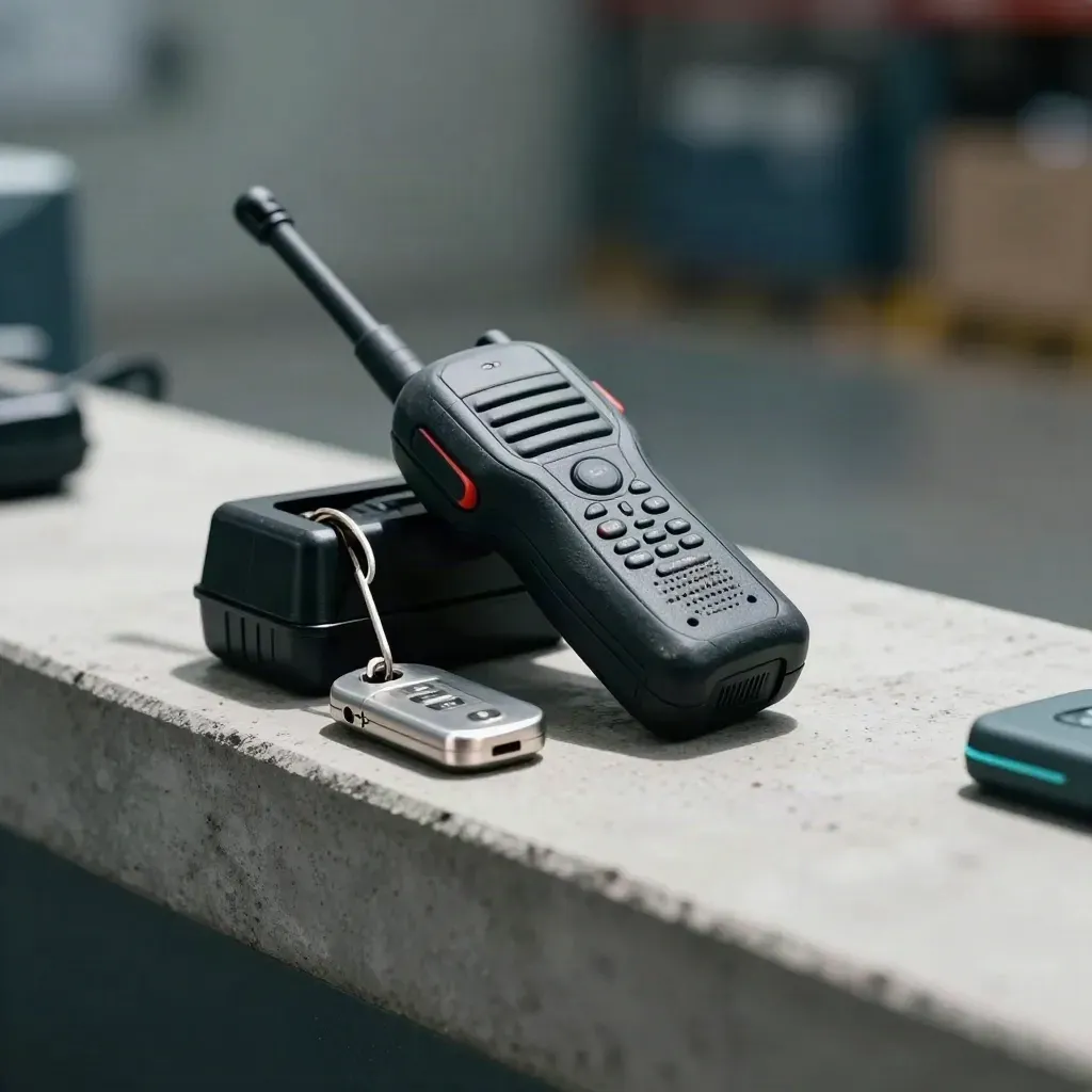 Radio handset docked with access token and beacon on a concrete shelf in dramatic warehouse light.