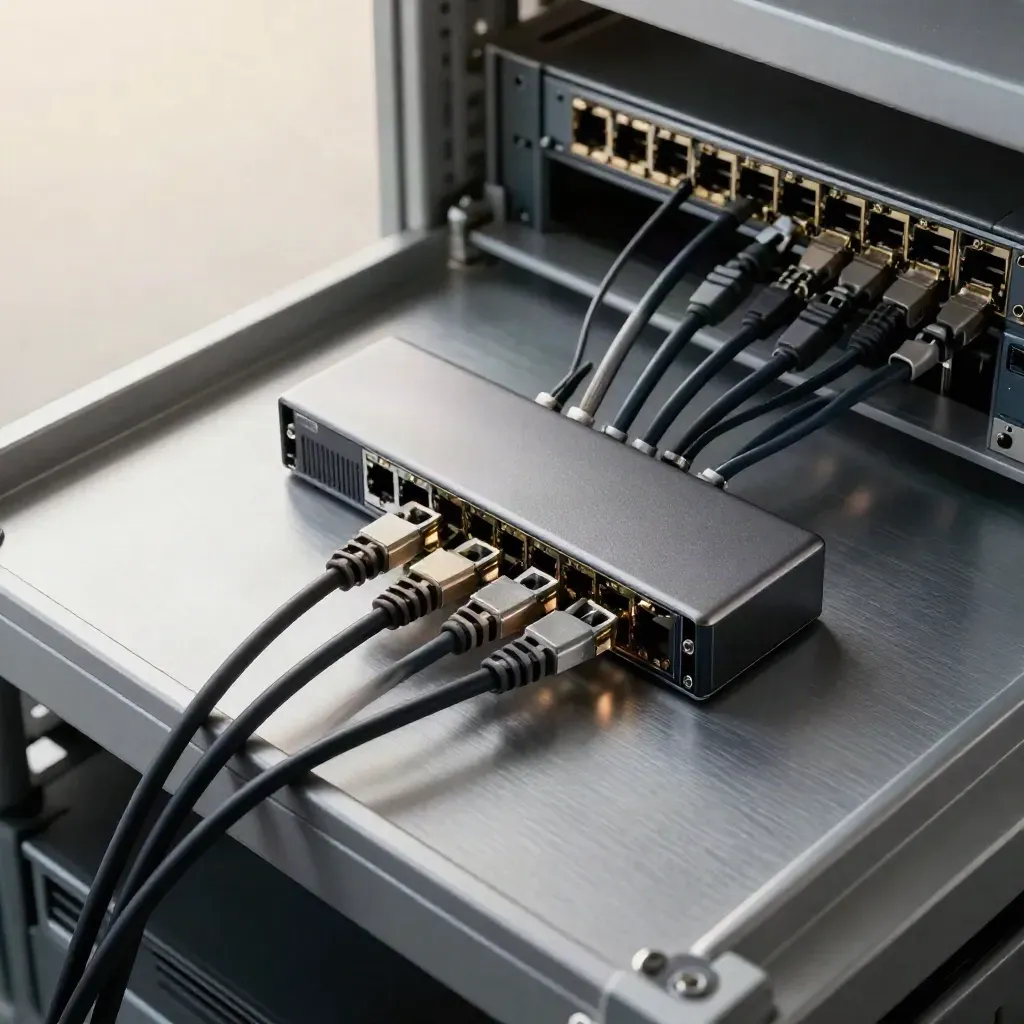 Braided network cables, SFP modules and SSDs on a brushed metal tray in cool light.