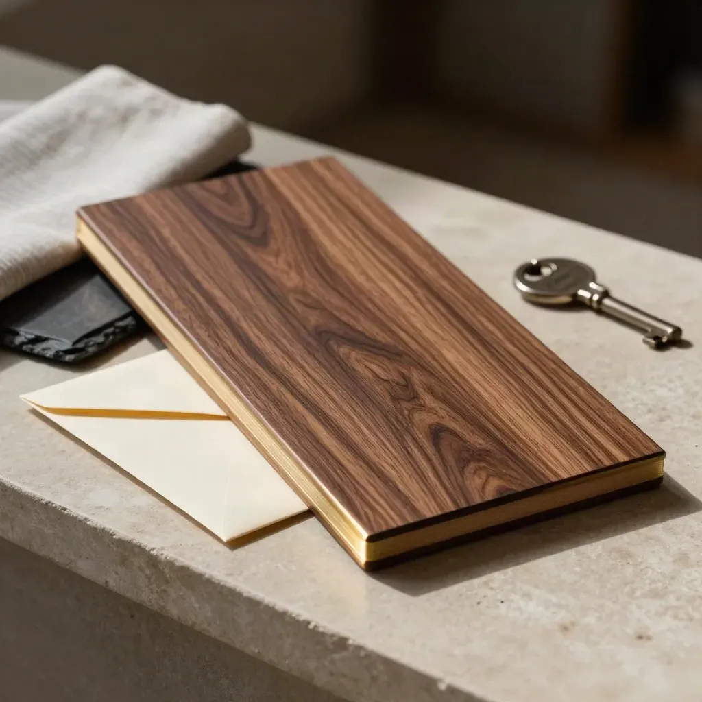 Walnut board, brass clip and cream envelope on stone with dramatic studio light
