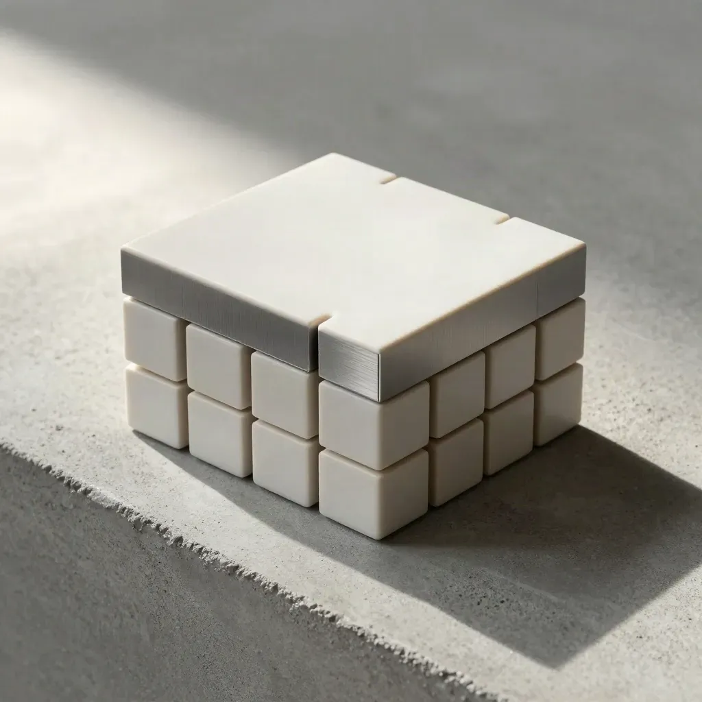 Top-down still life of graphite cubes, ceramic tile and magnetic spacer on concrete.