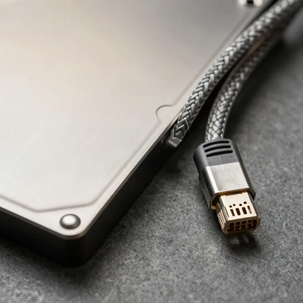 Braided ethernet cables, SSD, and precision connectors in a top-down macro still life.
