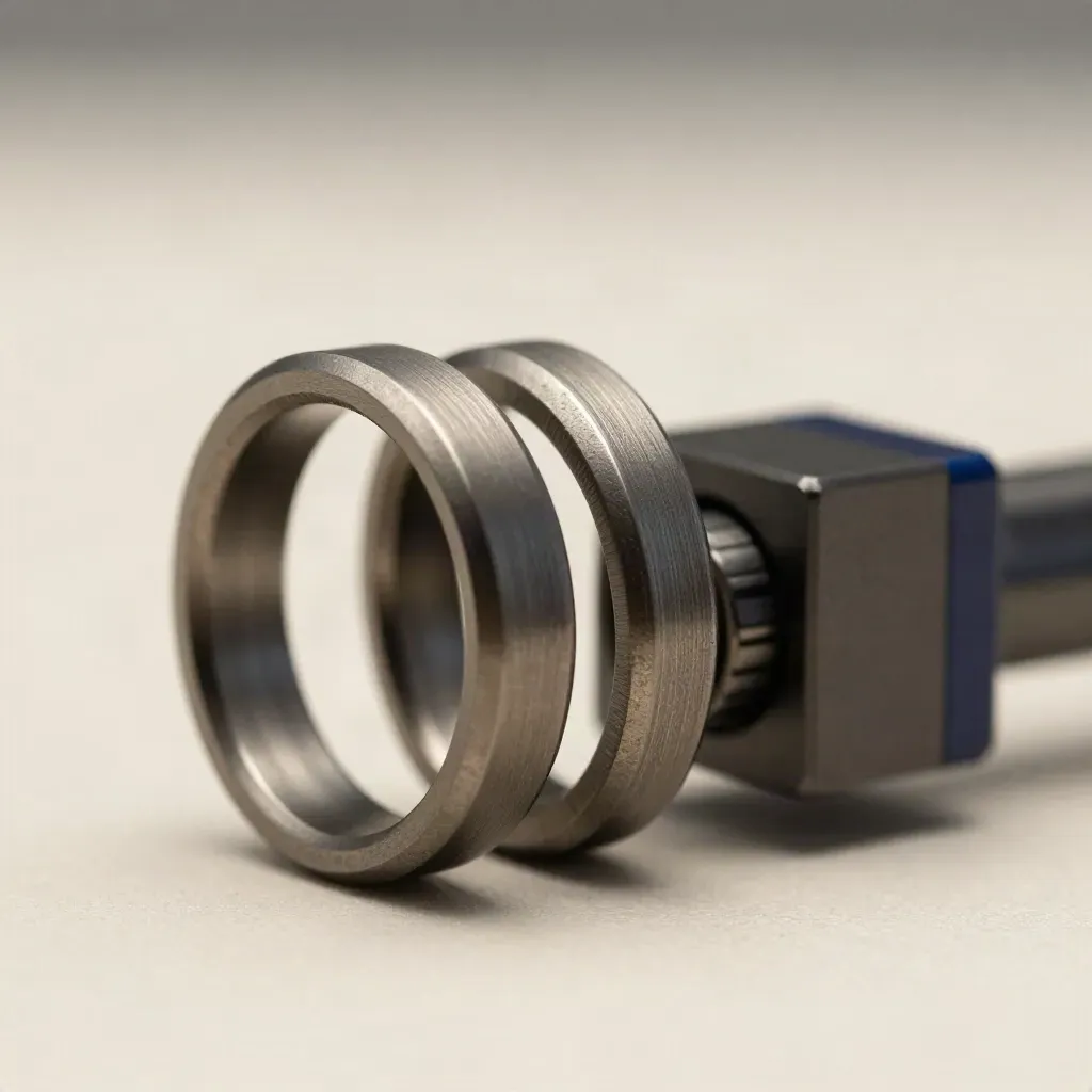 Macro of linked machined rings and a connector block on a matte stone surface, lit softly.