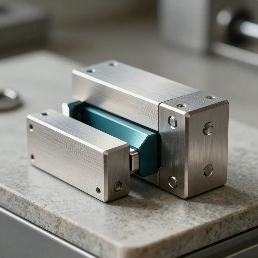 Brushed aluminium connector blocks and a spacer linking on a limestone surface under dramatic light.
