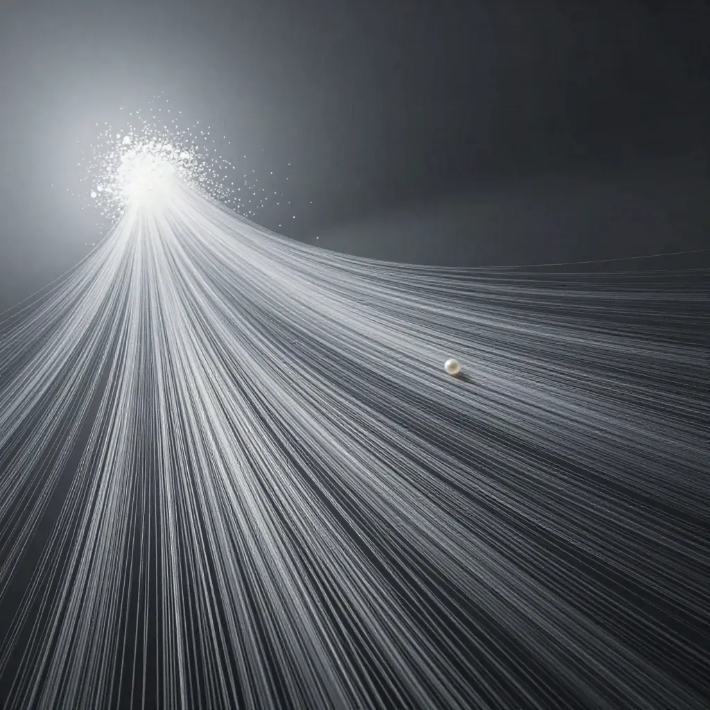 Abstract silver light filaments converge into a soft white bloom in dark graphite space.